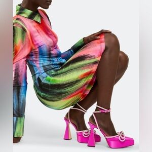 New Mach & Mach Double Bow Platform Crystal Sparkle Pointed Toe Heels Sz 37